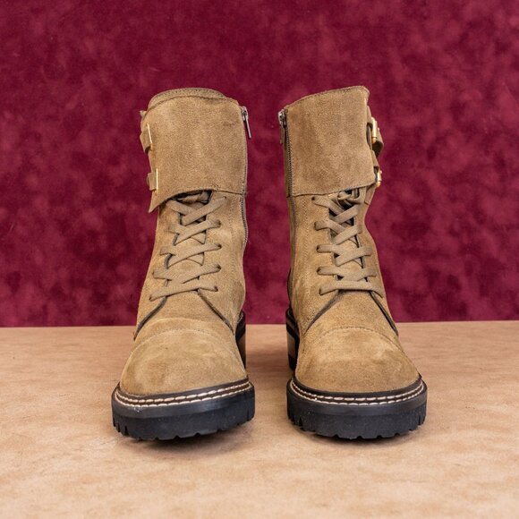 See by Chloe Wmn Mallory Military Green Suede Lace-up Moto Biker Boots 8US EUR38 - Picture 3 of 8